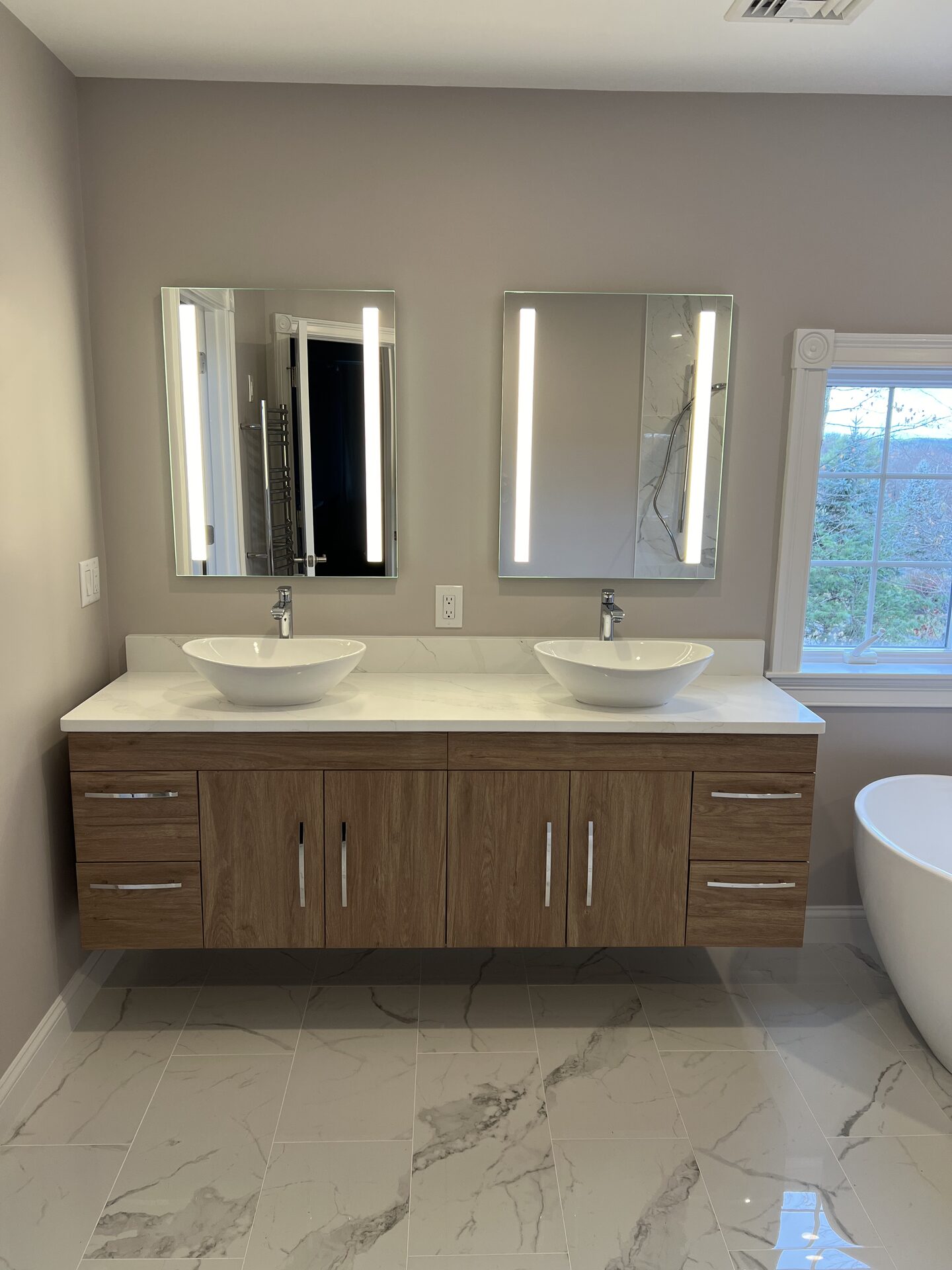 Floating Double Vanity with LED Mirrors in Holliston, MA