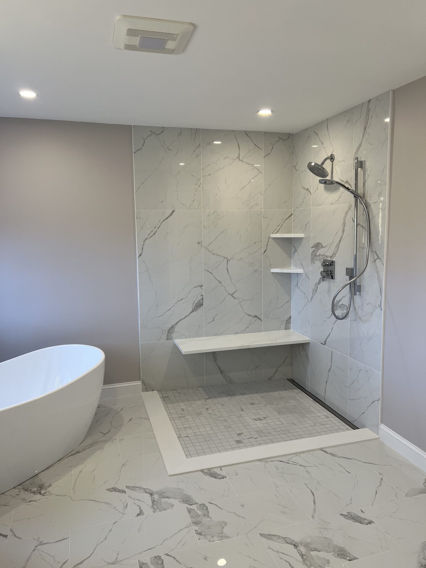 Curbless Marble Walk-In Shower with Bench in Holliston, MA