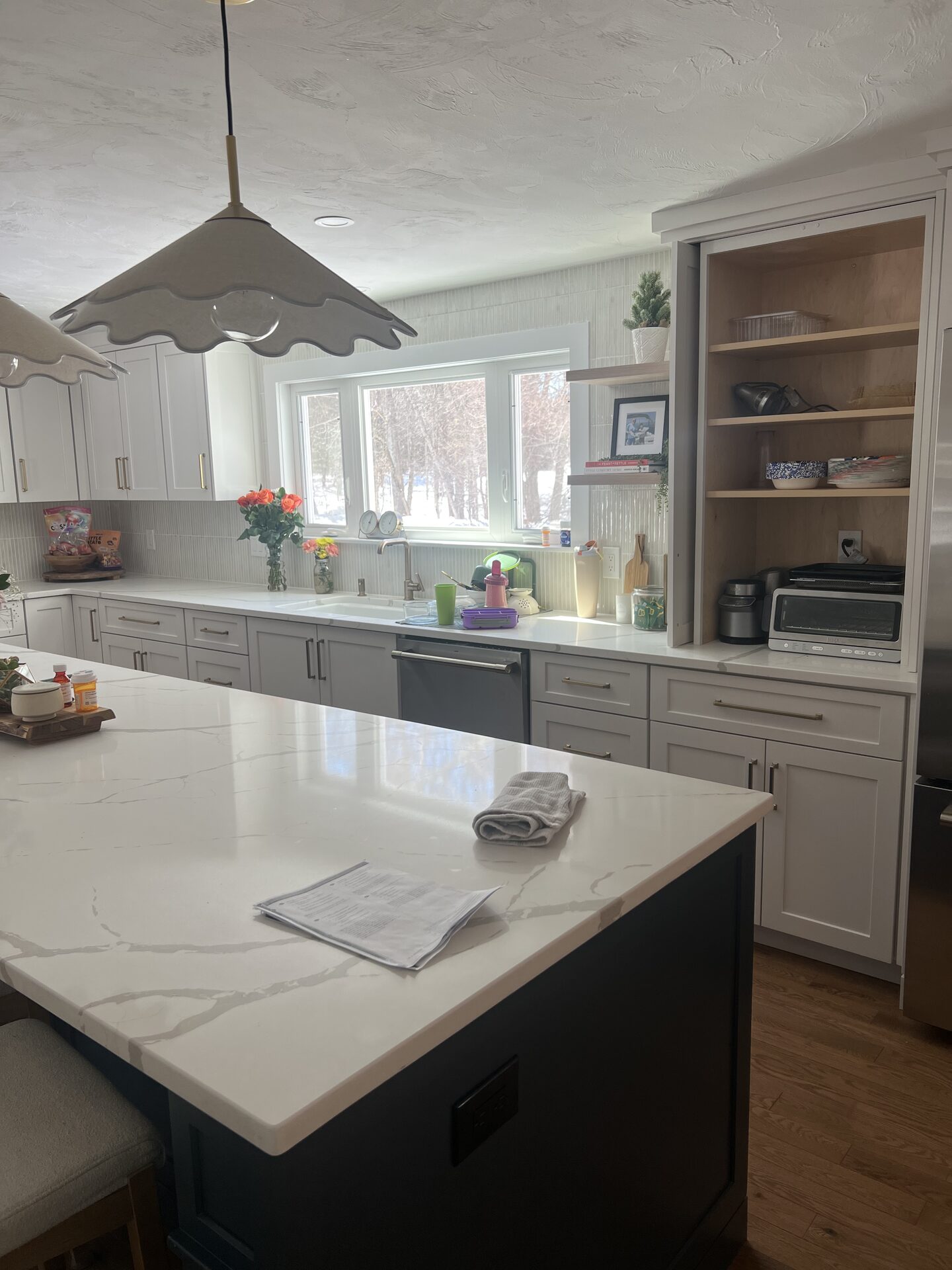 Open Concept Kitchen Island & Quartz Waterfall in MetroWest, MA